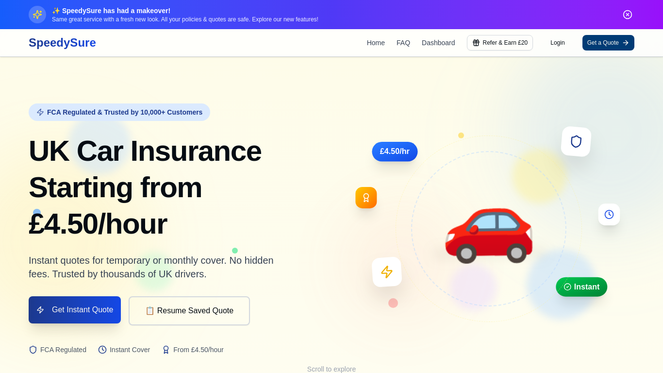 Archived SpeedySure website offering car insurance from £4.50 an hour and claiming FCA regulation.