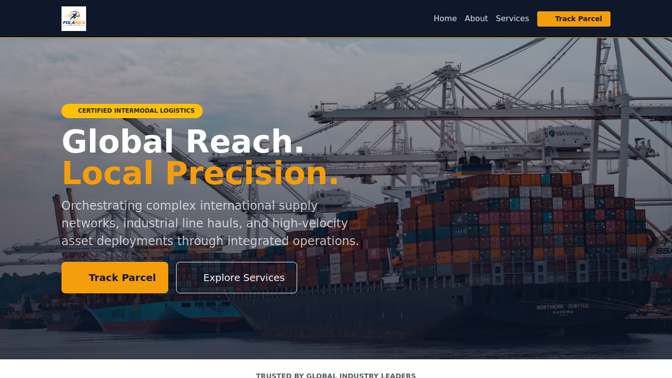Archived Folanica-branded logistics page with container ships, port cranes, a certification claim and yellow Track Parcel buttons.