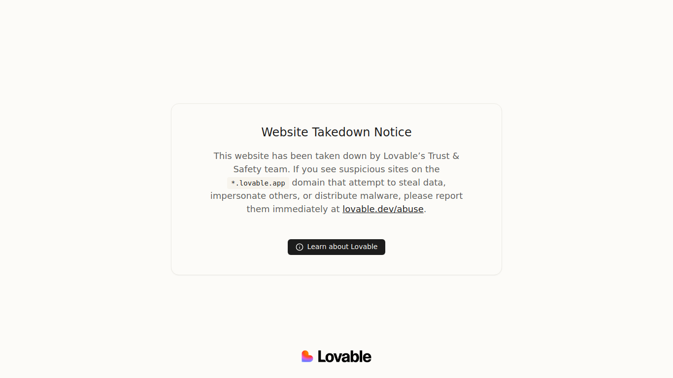 Capture of renovae.app on 11 October 2026: a Lovable Trust & Safety website takedown notice.